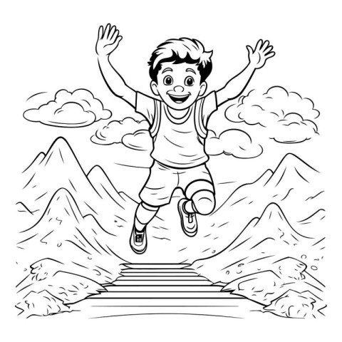 Happy boy jumping on the mountain trail. black and white vector