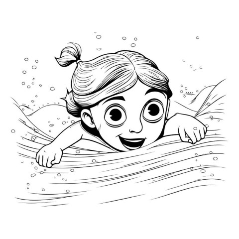 Cute little girl swimming in the sea. Black and white vector ill