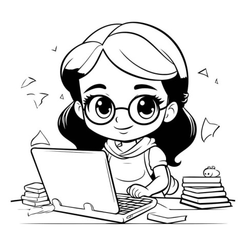 Vector illustration of a girl using a laptop computer. Coloring