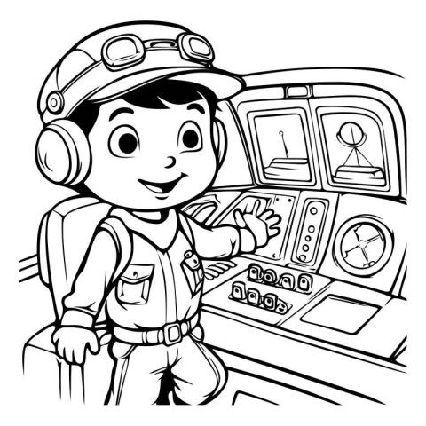 Black and White Cartoon Illustration of Kid Boy Captain or Pilot