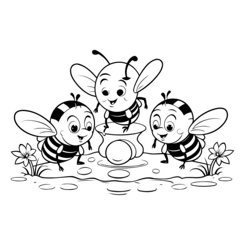 Black and White Cartoon Illustration of Cute Bee Family Coloring