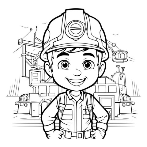 Black and White Cartoon Illustration of Kid Boy in Firefighter U