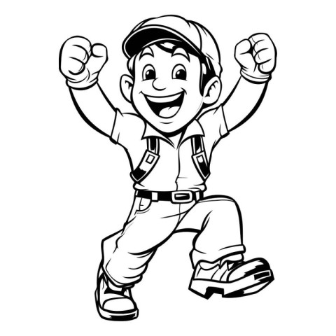 Vector illustration of a happy boy in overalls and cap jumping a