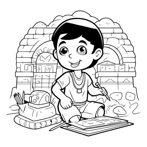 Black and White Cartoon Illustration of Kid Boy Playing with a P