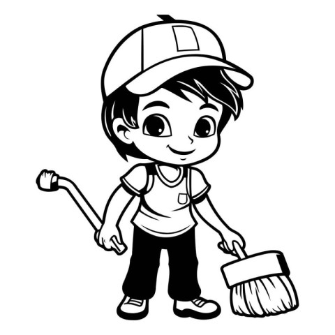 Cute boy with a broom and a cap. vector illustration.