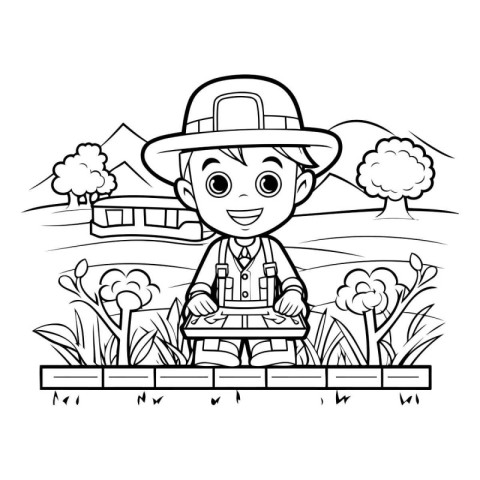 Coloring Page Outline Of a Kid Boy Wearing a Hat