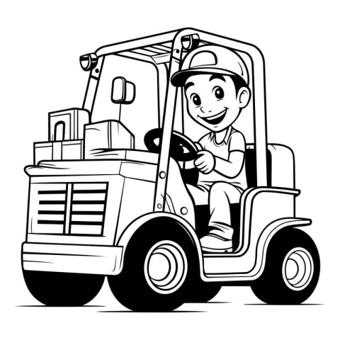 Forklift Loader - Black and White Cartoon Illustration. Vector