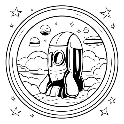 Coloring book for children: space rocket in the circle. Vector i