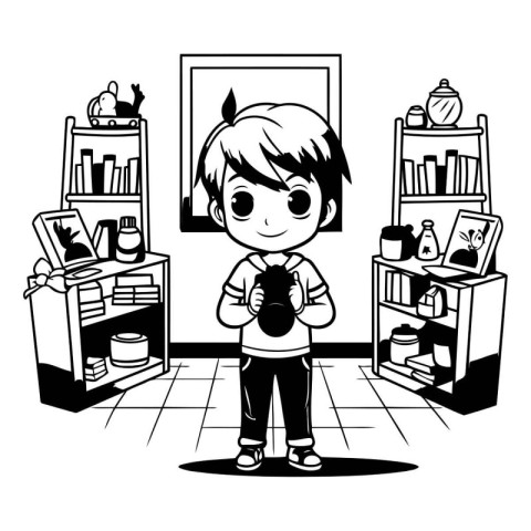 boy playing with toys in the room. black and white vector illust