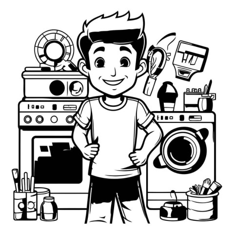 Teenager boy with home appliance cartoon vector illustration gra