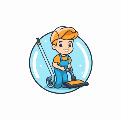 Cute cartoon boy with vacuum cleaner. Vector illustration in a f