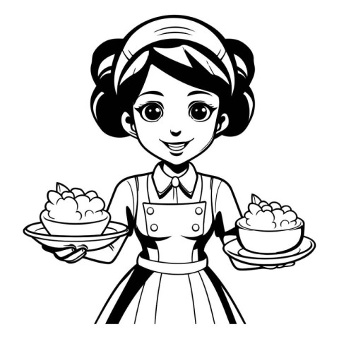 Cartoon waitress holding plates with food. Black and white vecto