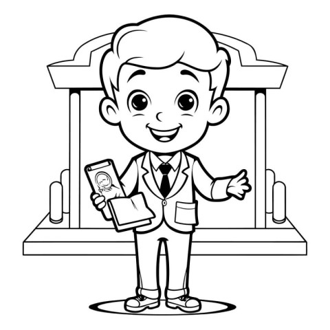 Black and White Cartoon Illustration of a Kid Boy Teacher with C