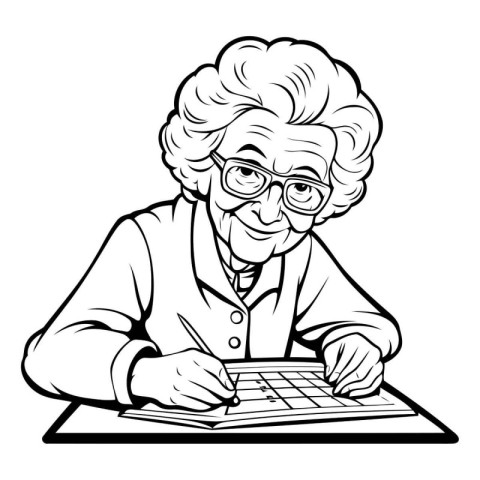 Elderly Lady Writing on a Clipboard - Black and White Cartoon Il