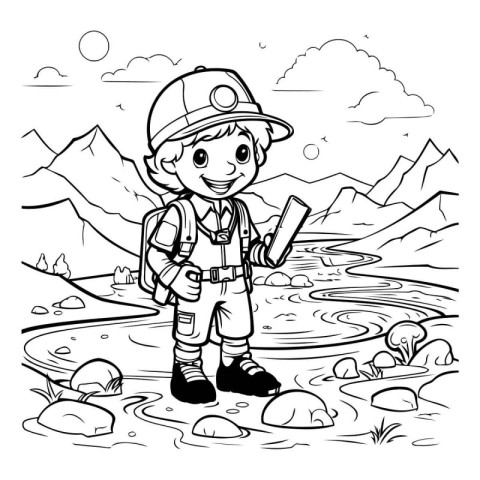 Black and White Cartoon Illustration of Kid Boy Scout Exploring