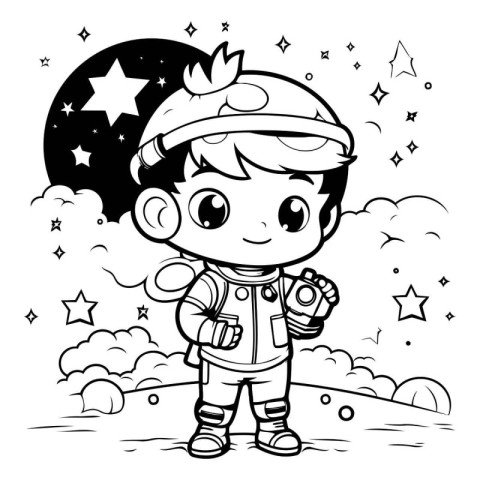 Black and White Cartoon Illustration of Kid Boy Astronaut Fantas