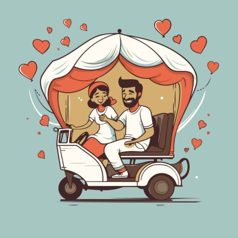 Happy couple riding a tuk tuk in love. Vector illustration.