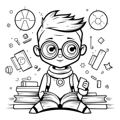 Vector illustration of a boy in glasses reading a book. Coloring