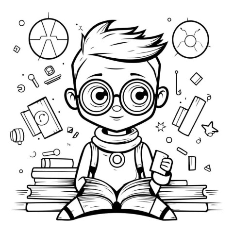 Vector illustration of a boy in glasses reading a book. Coloring