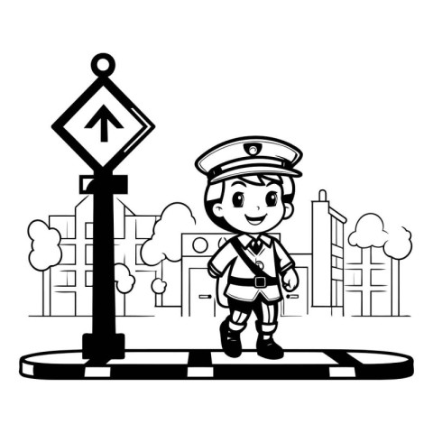 cute policeman in the city street with traffic signal vector ill