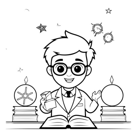 Vector illustration of schoolboy with books. Black and white dra