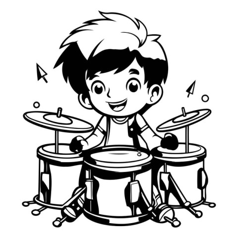 Black and White Cartoon Illustration of Cute Little Boy Playing