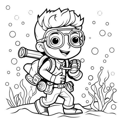 Cute boy in scuba diving suit. Vector illustration for coloring