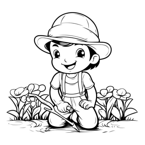 Illustration of a Kid Boy Picking Flowers in the Garden - Colori