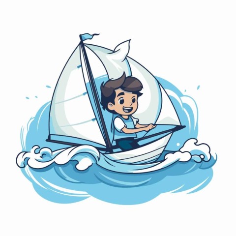 Vector illustration of a boy sailing on a sailboat on the sea