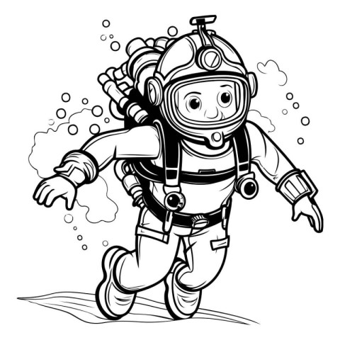 Black and White Cartoon Illustration of Cute Astronaut Boy Chara