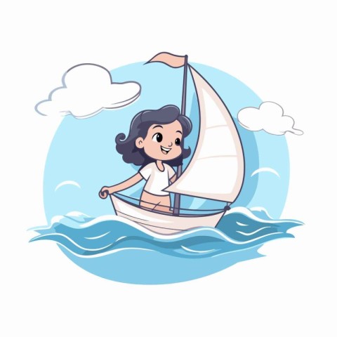 Cute little girl in a sailboat. Vector cartoon illustration.