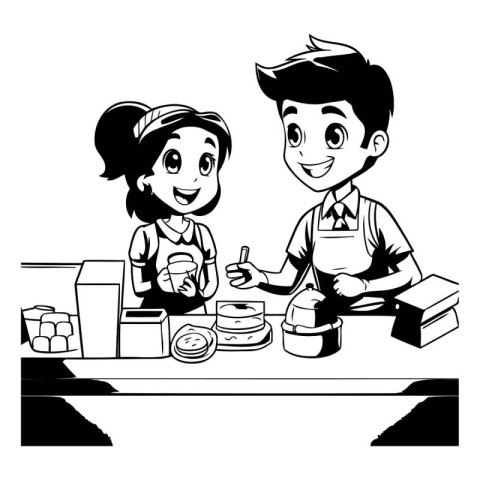 cute little girl and boy cooking together in the kitchen vector