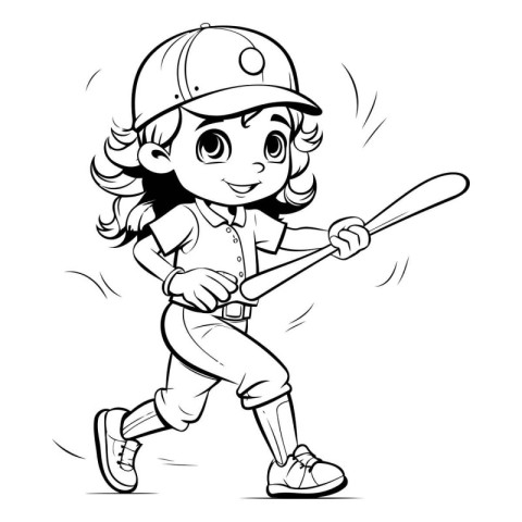 Girl Baseball Player - Black and White Cartoon Illustration. Col