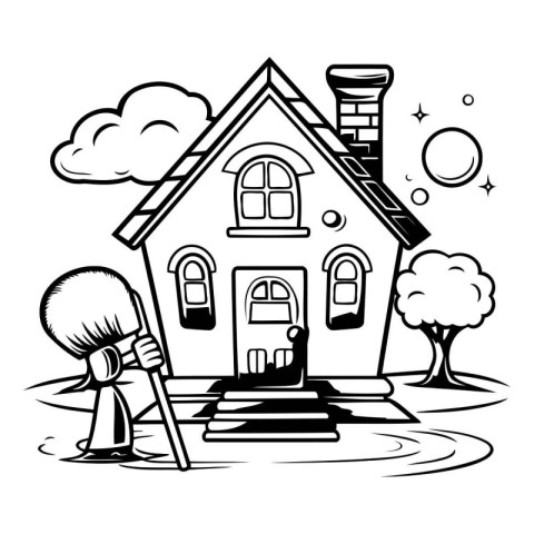 House with a paint brush and a bucket. Vector illustration in bl