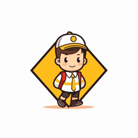 Cute Boy in Safety Helmet and Yellow Road Sign Vector Illustrati