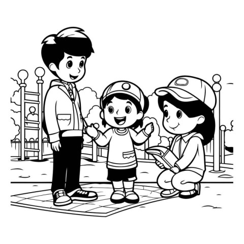 Boy and girl playing in the park. black and white vector illustr