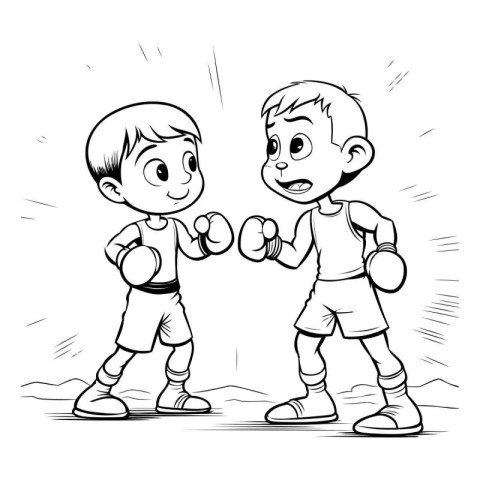 Cartoon kids boxing. black and white vector illustration for col