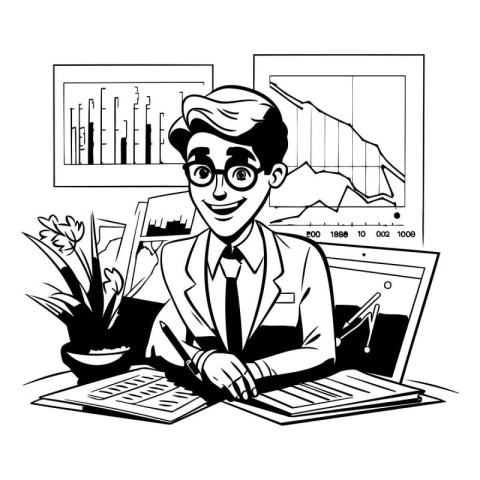 Businessman working at office. Vector illustration in black and