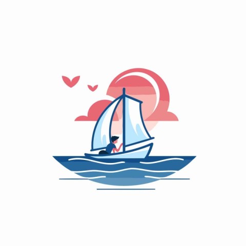 Businessman in a sailboat on the sea. Flat style vector illustra