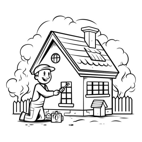 Cartoon illustration of a man building a house. Black and white