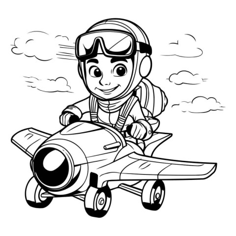 Black and white illustration of a boy in a pilot costume flying