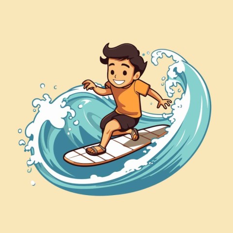 Boy surfing on a wave. Vector illustration in a cartoon style.