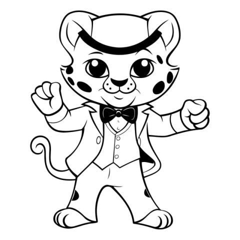 Black and White Cartoon Illustration of Leopard Mascot Character