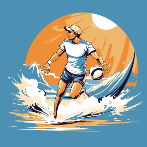 Water polo player in action on the waves. Vector illustration.