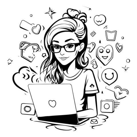 Girl with laptop and social media icons. Vector illustration in