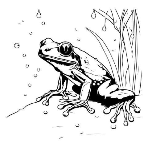 illustration of a frog sitting on a rock in the pond.