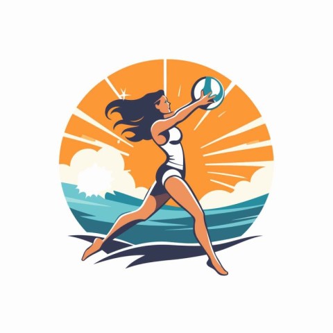 Volleyball player woman with ball on the beach. Vector illustrat