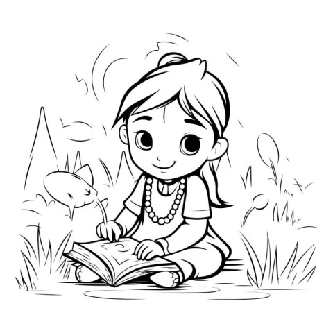 Little girl reading a book in the park. Black and white vector i