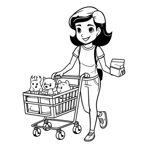 cute little girl with shopping cart and cat vector illustration