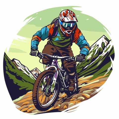 Mountain biker on the road in the mountains. Vector illustration